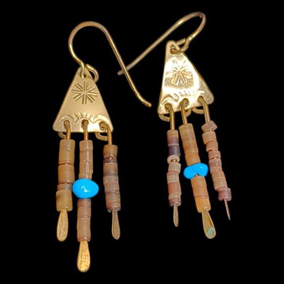 Vtg Natural Turquoise Gold Tone Beaded Triangle Star Hook Dangle Southwestern 2" - Picture 1 of 3